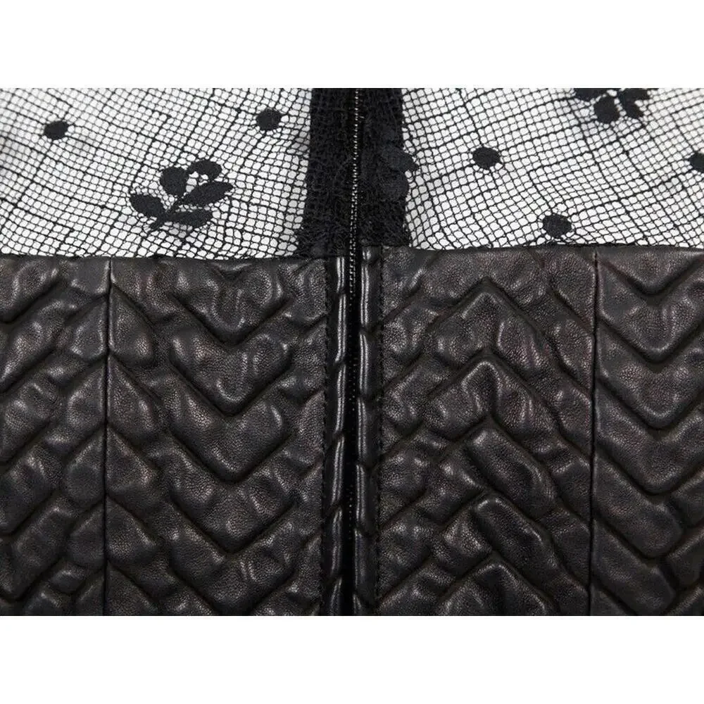 03A CHANEL Leather Lace Black Top 2003 Rare Long Sleeve FR-36 Blouse Jacket